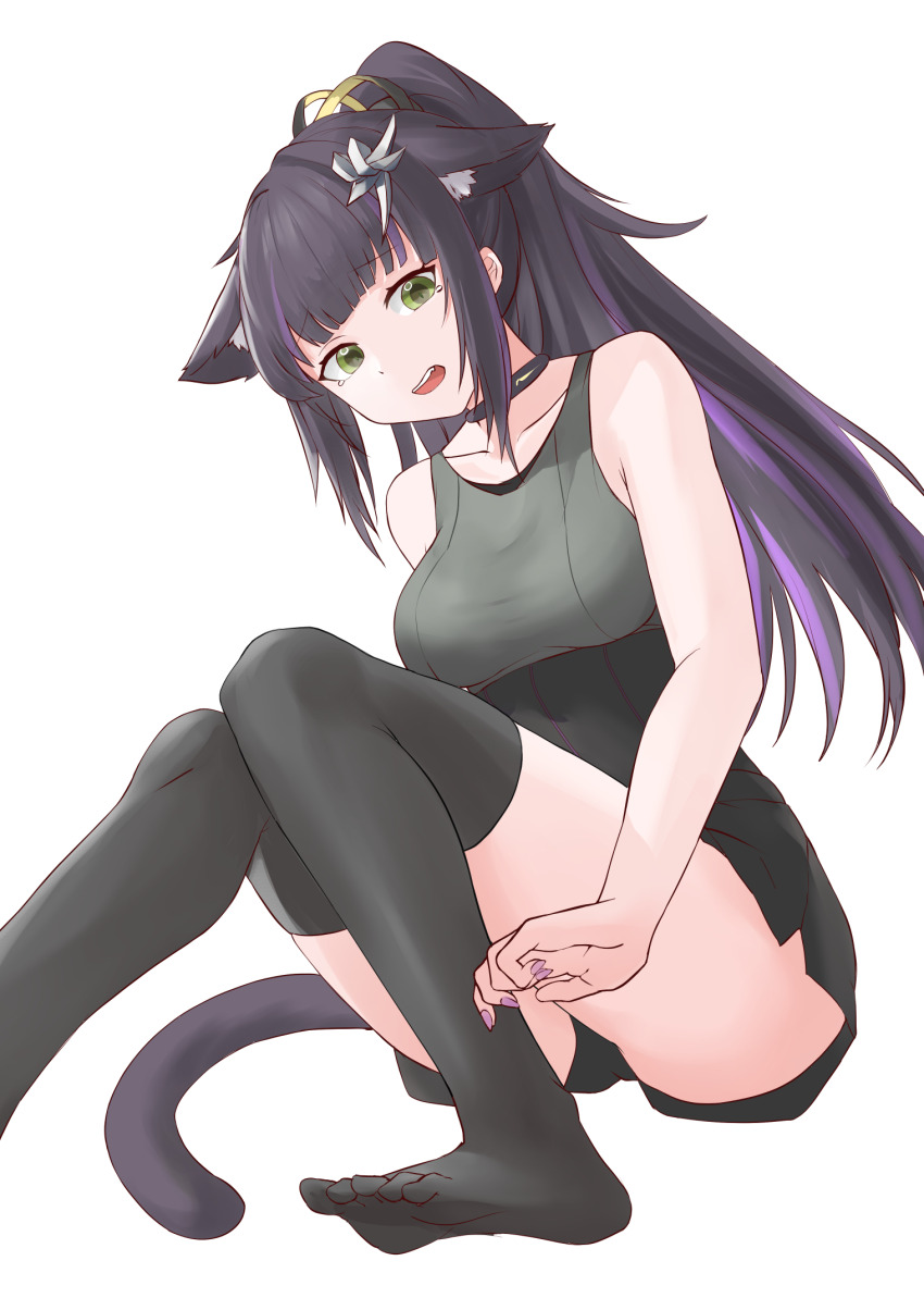 1girl, animal_ear_fluff, animal_ears, arknights, bare_arms, bare_shoulders, black_hair, black_skirt