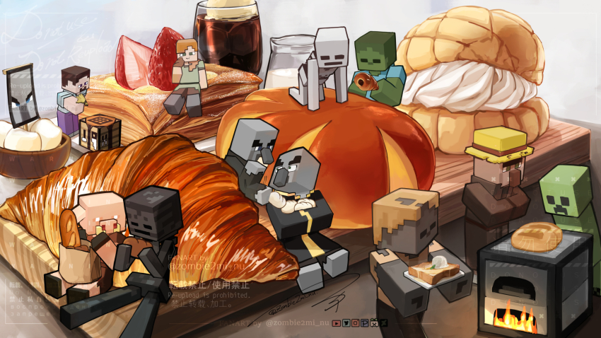 1boy, 1girl, 6+others, alex_(minecraft), animal_ears, baguette, block_(minecraft), bread