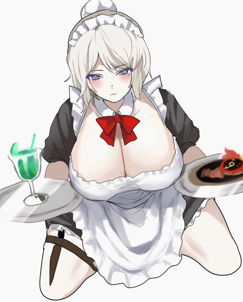 1girl, akaimo_(akaimokou), apron, black_dress, blue_eyes, blush, bow, bowtie, breasts, cleavage, closed_mouth, detached_collar, dress, faust_(project_moon), from_above, hair_bun, highres, holding, holding_plate, huge_breasts, limbus_company, looking_at_viewer, looking_up, maid, maid_apron, maid_headdress, plate, project_moon, puffy_short_sleeves, puffy_sleeves, red_bow, red_bowtie, short_sleeves, simple_background, sitting, solo, wariza, white_background, white_hair