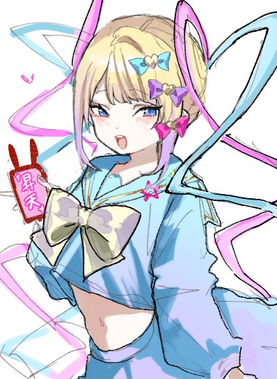 1girl, adapted_costume, akaimo_(akaimokou), blonde_hair, blue_eyes, blue_shirt, blue_skirt, chouzetsusaikawa_tenshi-chan