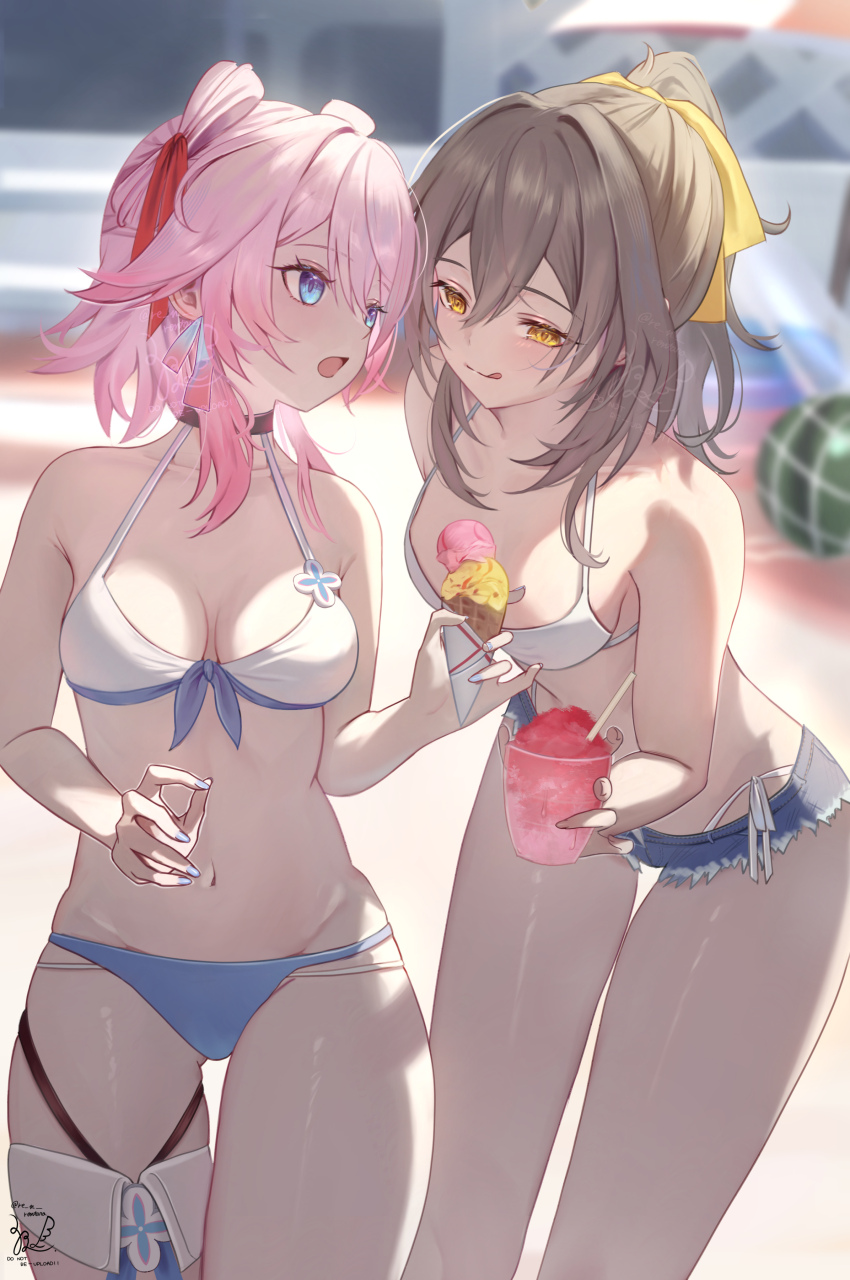 2girls, absurdres, bare_shoulders, bikini, black_choker, blue_eyes, blue_nails, breasts