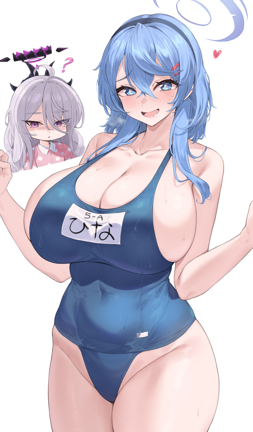 2girls, :d, ?, ahoge, ako_(blue_archive), alternate_breast_size_(larger), alternate_costume, bare_shoulders