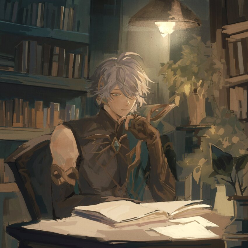 1boy, alhaitham_(genshin_impact), black_gloves, black_shirt, blonde_hair, book, bookshelf, chair