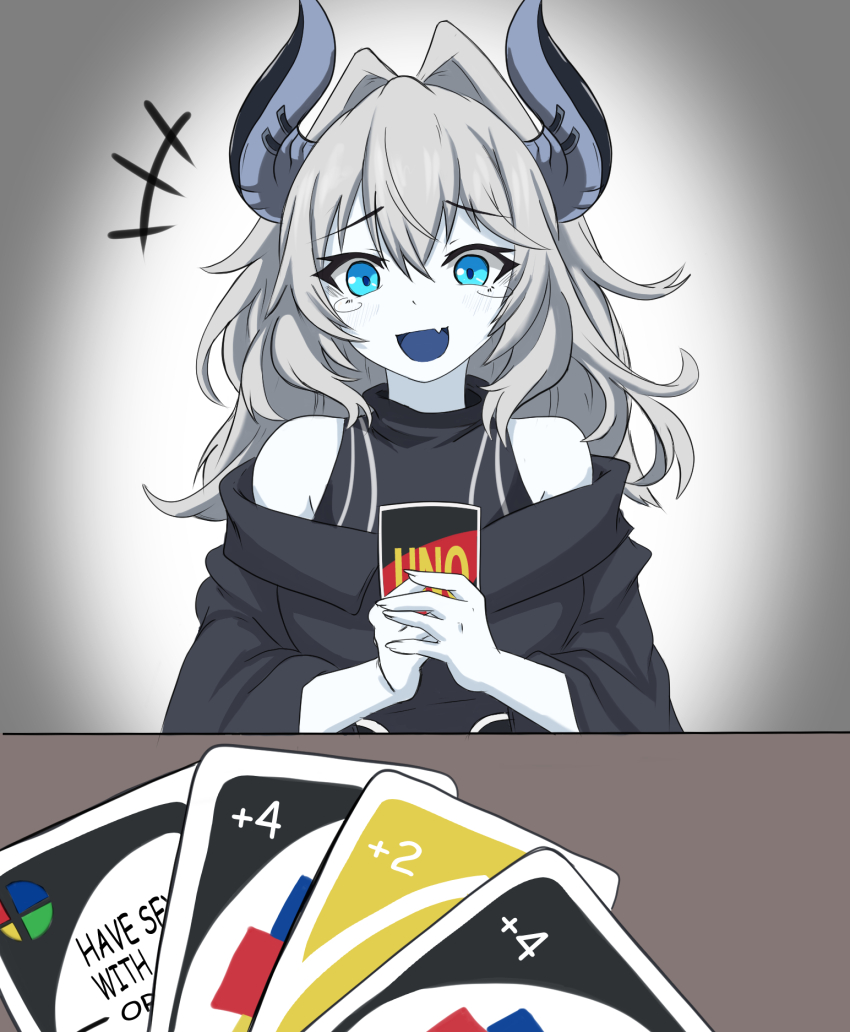 1girl, 1other, :d, azur_lane, bare_shoulders, black_coat, blue_eyes, blush, breasts, coat, demon_girl, demon_horns, draw_25_(meme), english_text, excited, fang, hair_between_eyes, hands_up, happy, highres, horns, imminent_uno_loss_(meme), jaggi_95, medium_breasts, meme, messy_hair, omitter_(azur_lane), open_mouth, pale_skin, pov, siren_(azur_lane), smile, solo_focus, tears, upper_body, white_hair