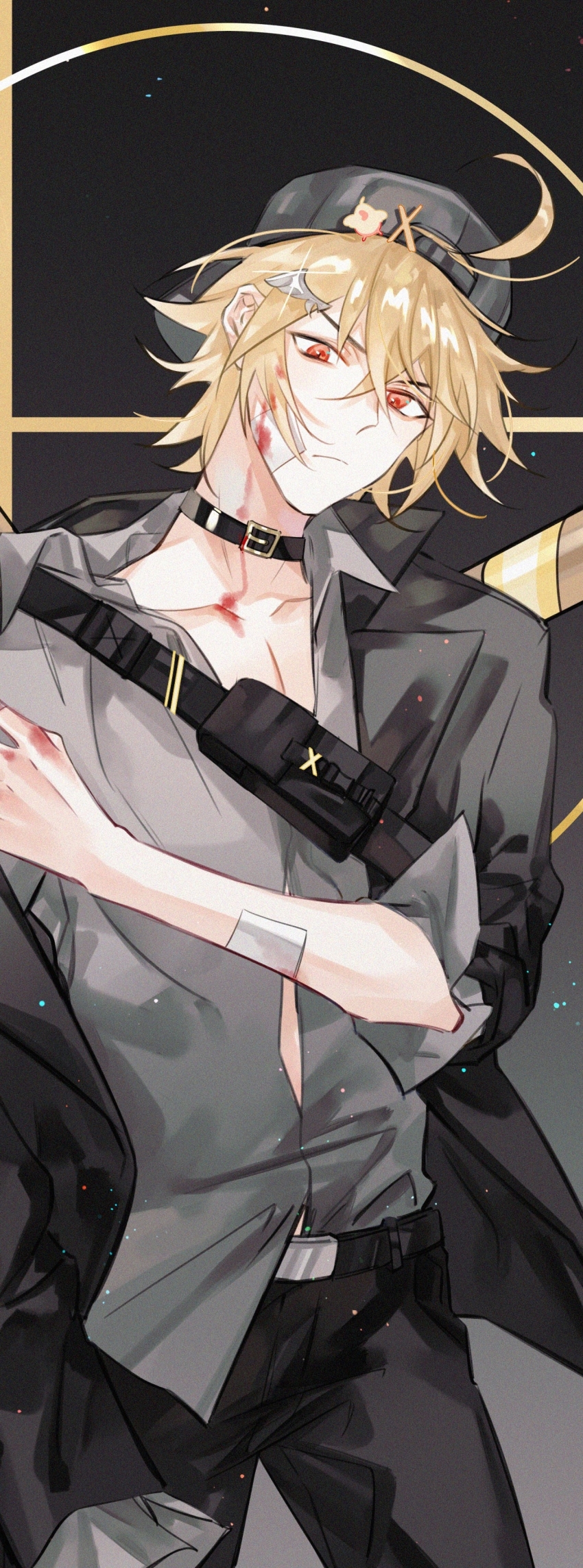 >:(, 1boy, absurdres, ahoge, alternate_costume, azha8, backwards_hat, bandaged_fingers