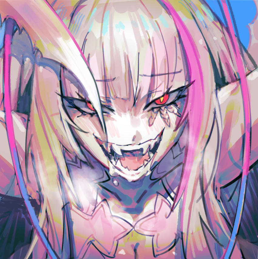 1girl, antennae, arthropod_girl, arthropod_limbs, blue_background, breasts, claws, cleavage