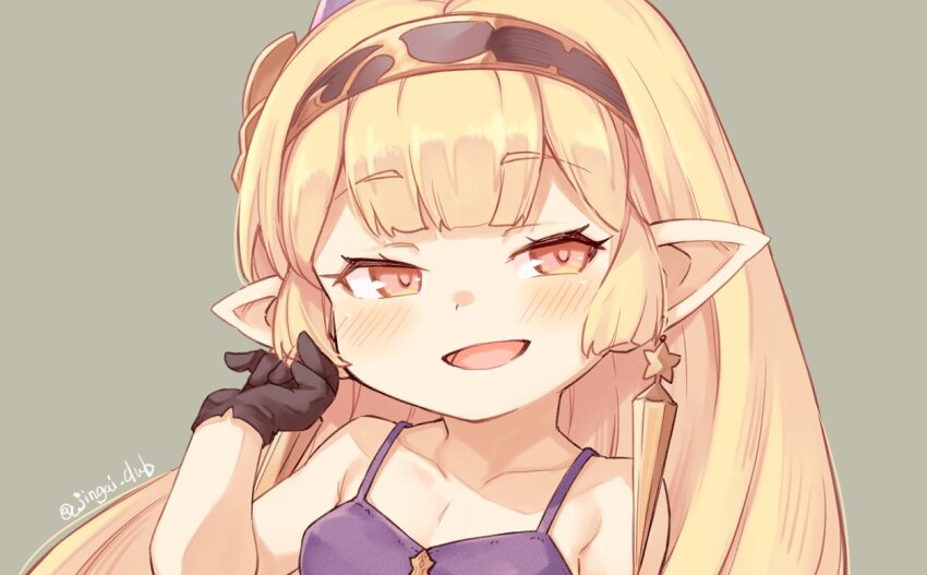 1girl, :d, black_gloves, blonde_hair, blunt_bangs, character_request, collarbone, commentary_request