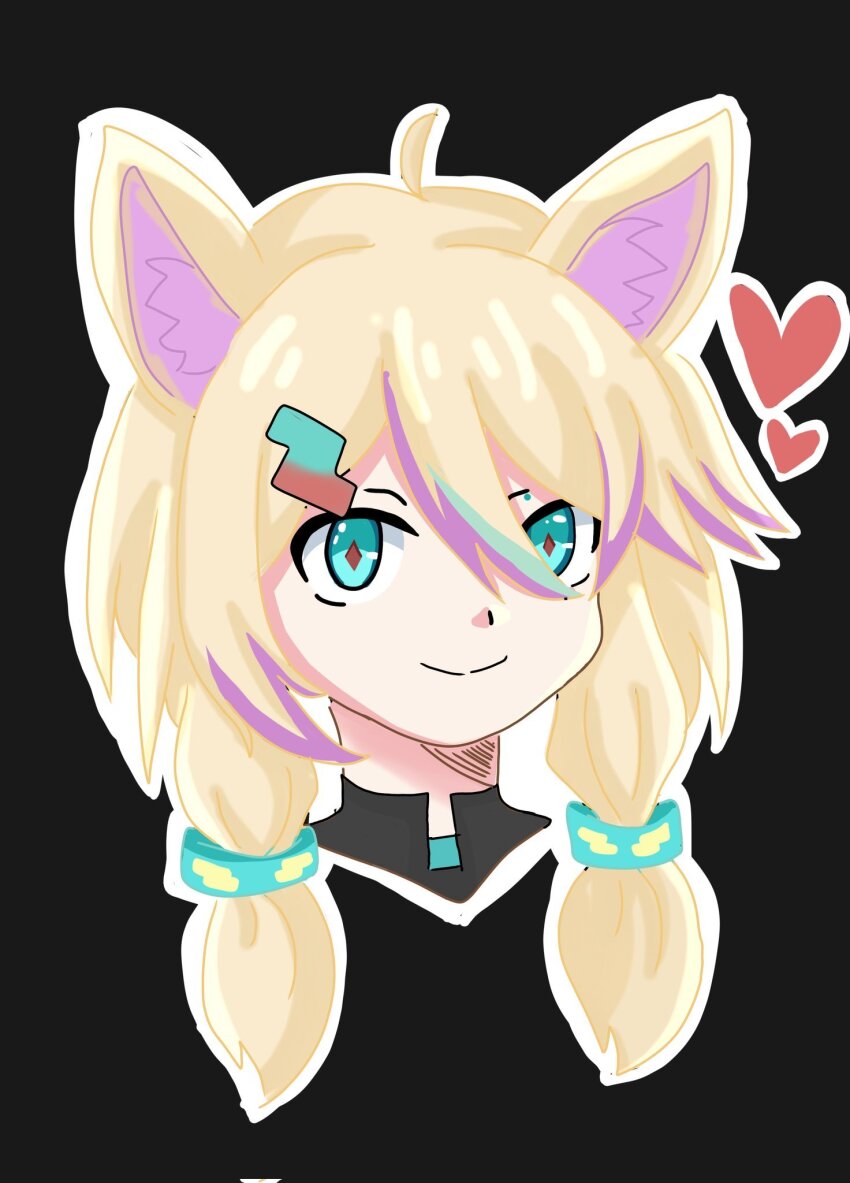 1girl, ahoge, animal_ear_fluff, animal_ears, black_background, black_shirt, blonde_hair, closed_mouth, commentary, cropped_shoulders, diamond-shaped_pupils, diamond_(shape), english_commentary, fox_ears, green_eyes, green_hair, heart, highres, kristiangon, multicolored_hair, purple_hair, red_pupils, shirt, simple_background, smile, solo, streaked_hair, symbol-shaped_pupils, tenko_sorara, virtual_youtuber, vols