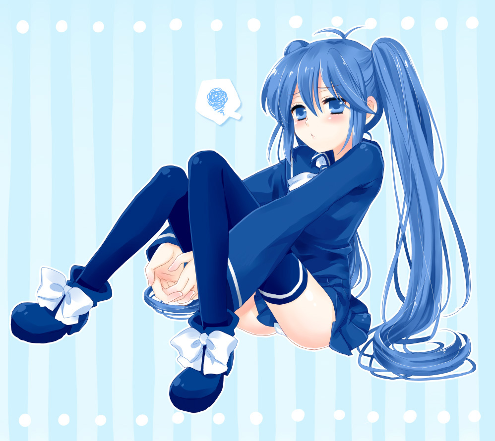 1girl, blue_eyes, blue_hair, blue_thighhighs, female_focus, imaichi_moenai_ko, kobe_shimbun, kobe_shinbun