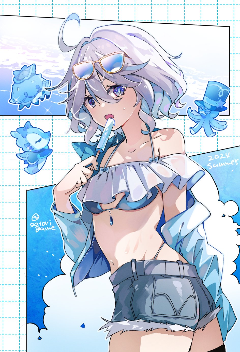 1girl, ahoge, alternate_costume, bare_shoulders, bikini, blue-tinted_eyewear, blue_bra, blue_eyes