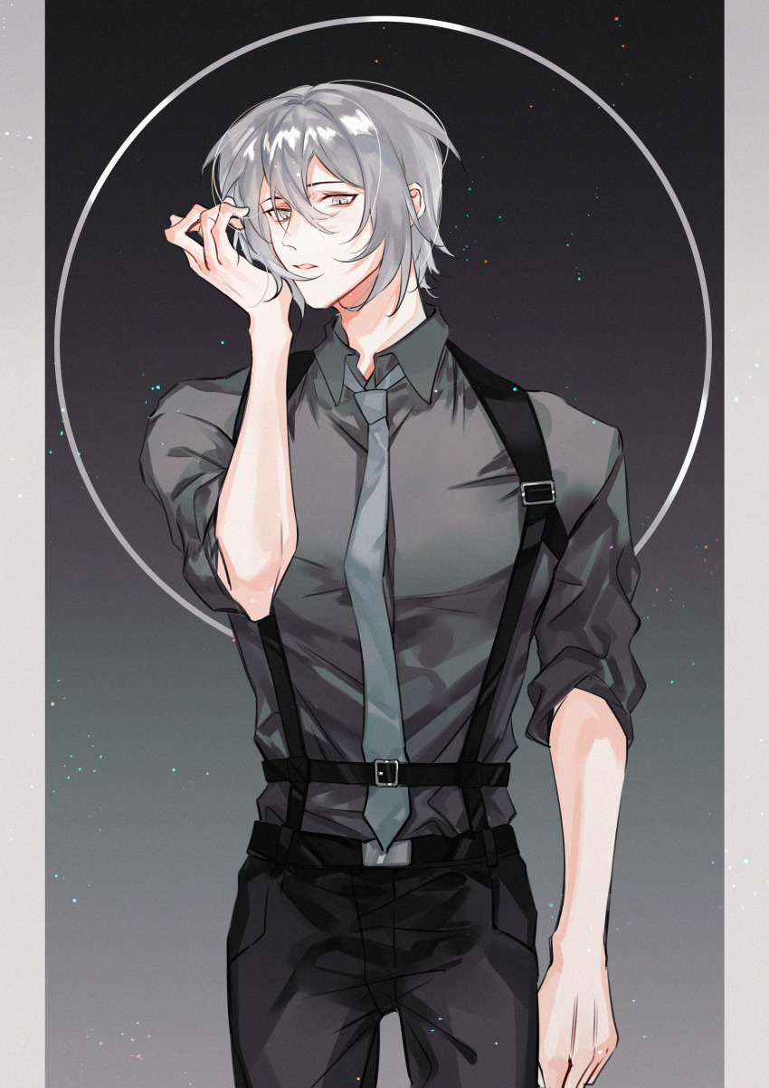 1boy, absurdres, alternate_costume, arm_at_side, azha8, belt, black_background, black_belt