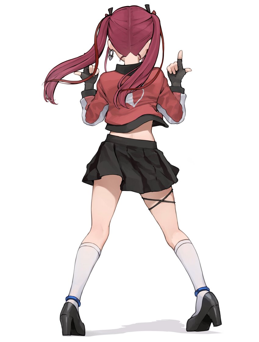 1girl, absurdres, ass_shake, black_footwear, black_gloves, black_skirt, dancing, fingerless_gloves, from_behind, full_body, gloves, heart, heart_print, high_heels, highres, hololive, houshou_marine, iii_(hololive), jacket, koh_(minagi_kou), long_hair, miniskirt, pleated_skirt, print_jacket, red_hair, red_jacket, simple_background, skirt, socks, solo, twintails, virtual_youtuber, white_background, white_socks