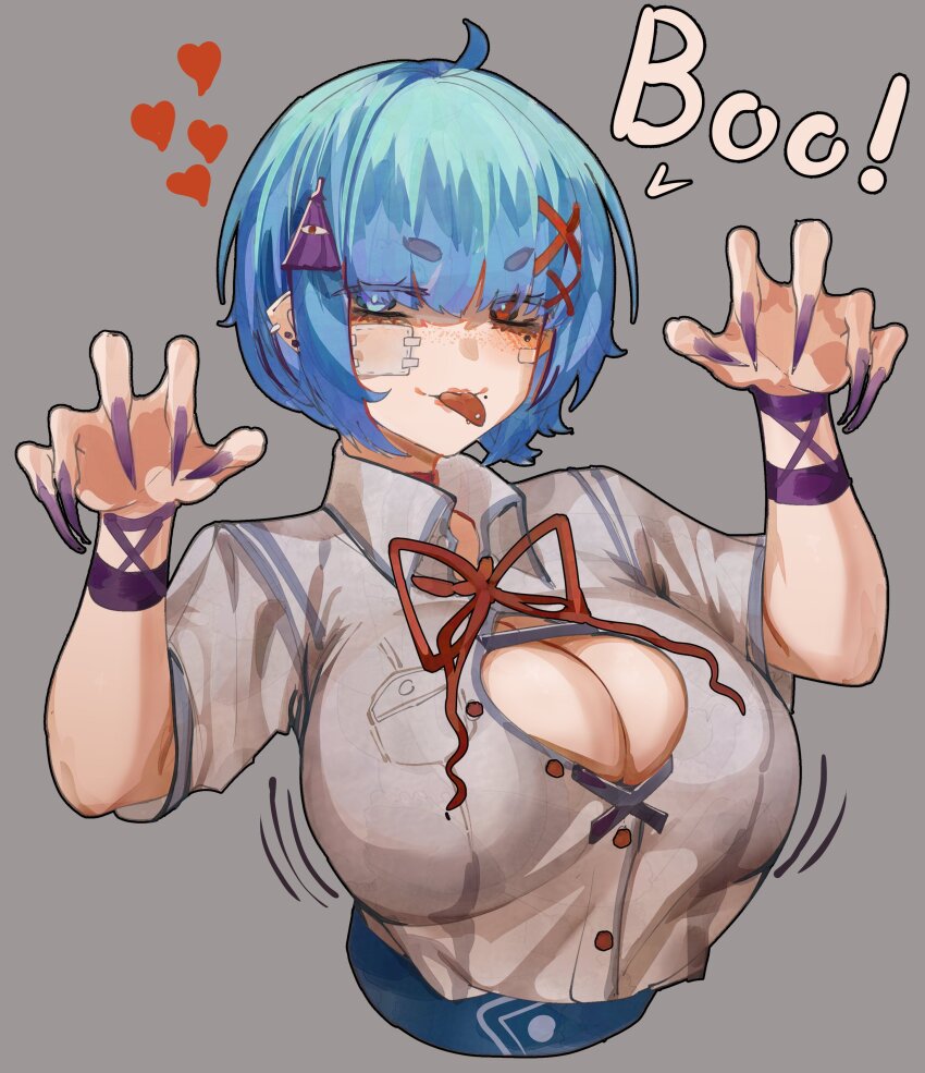 1girl, absurdres, ahoge, blue_eyes, blue_hair, breasts, cleavage, cleavage_cutout, clothing_cutout, commentary, ear_piercing, english_commentary, fingernails, grey_background, grey_shirt, heart, heterochromia, highres, large_breasts, long_fingernails, looking_at_viewer, piercing, purple_nails, red_eyes, shirt, short_hair, simple_background, solo, tatara_kogasa, tomatolover16, tongue, tongue_out, touhou, umbrella_hair_ornament, upper_body