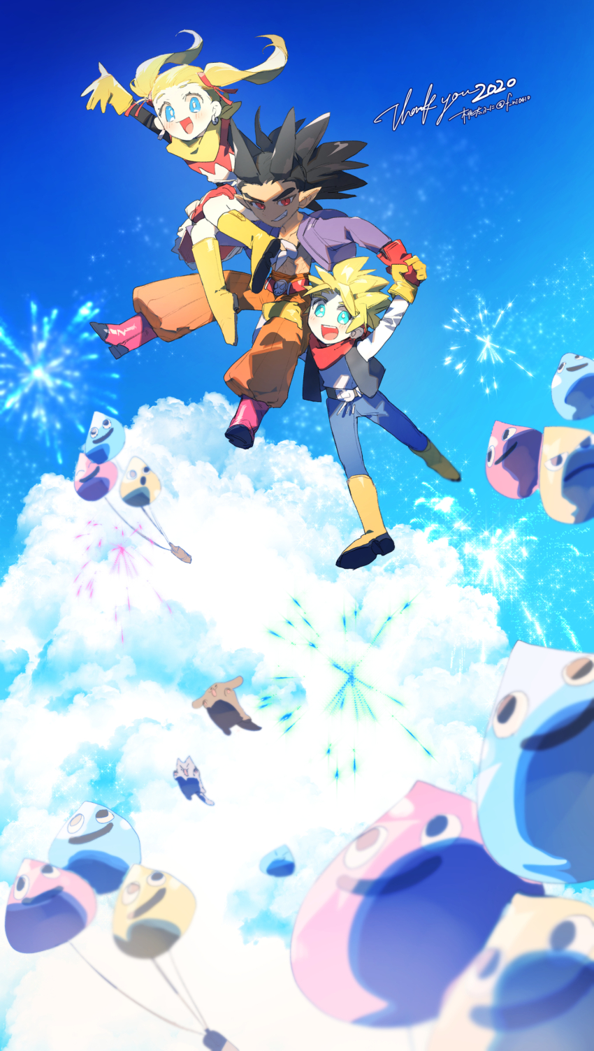 1girl, 2020, 2boys, :d, absurdres, balloon, black_vest, blonde_hair, blue_eyes, blue_pants, blue_sky, bone_necklace, boots, bright_pupils, brown_hair, carrying, carrying_person, cloud, commentary_request, dark-skinned_male, dark_skin, dated_commentary, dragon_quest, dragon_quest_builders_2, dress, earrings, f_ni0410, female_builder_(dqb2), fireworks, floating, floating_clothes, floating_hair, gloves, highres, holding_hands, hoop_earrings, jewelry, long_hair, looking_at_viewer, low_ponytail, male_builder_(dqb2), multiple_boys, neckerchief, necklace, open_clothes, open_mouth, open_shirt, orange_pants, pants, pointy_ears, ponytail, purple_shirt, red_eyes, red_gloves, red_neckerchief, sharp_teeth, shirt, short_hair, sidoh_(dqb2), silver_earrings, skull_belt, sky, slime_(dragon_quest), smile, smirk, spiked_hair, teeth, tooth_necklace, twintails, vest, white_pupils, yellow_gloves, yellow_neckerchief