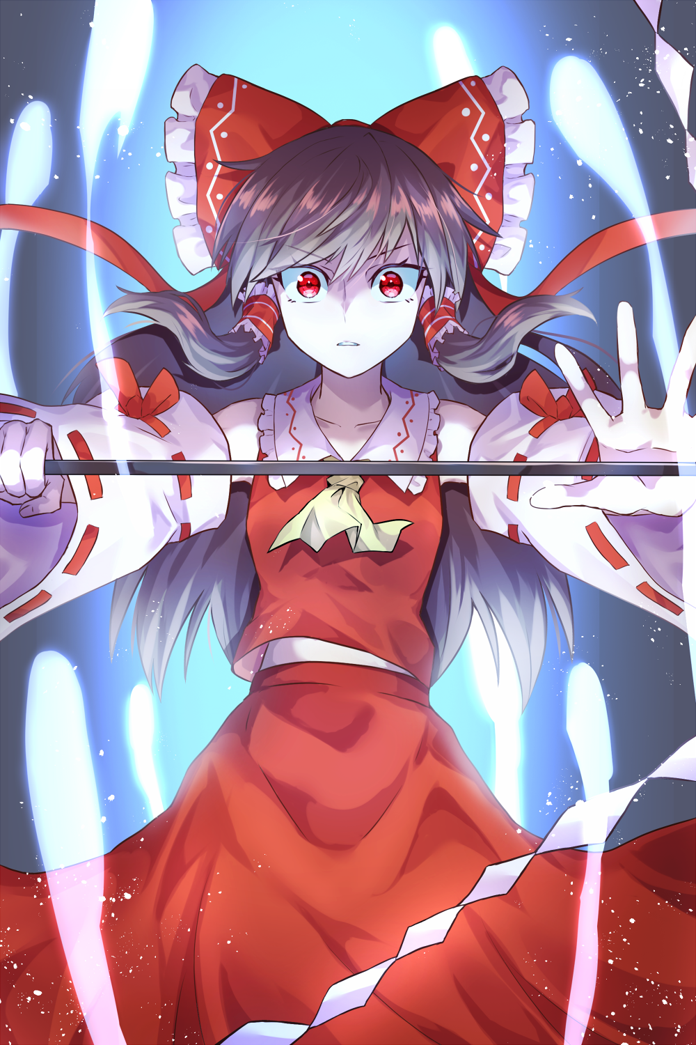 1girl, ascot, bow, brown_hair, commentary_request, detached_sleeves, frilled_bow, frilled_hair_tubes