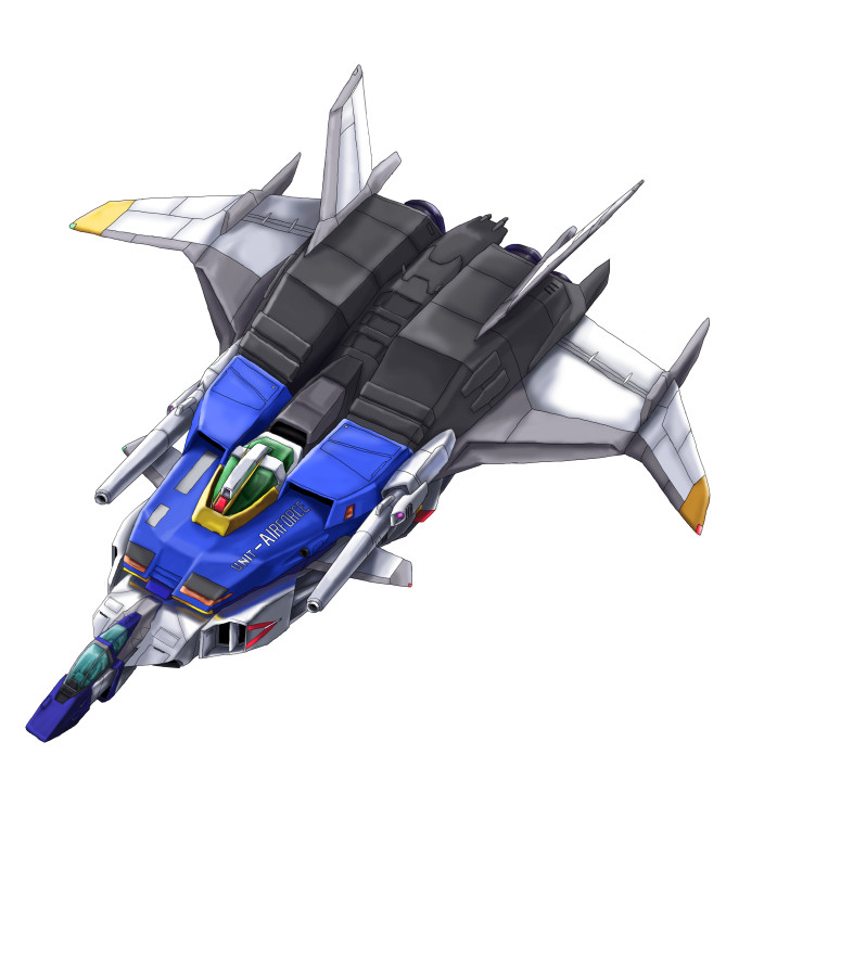 .hum, aircraft, beam_cannon, canards, commentary_request, core_booster, earth_federation, flying, gundam, gundam_gt-four, gundam_ms_generation, machinery, mecha, mecha_focus, mobile_suit, no_humans, prototype_design, robot, science_fiction, spacecraft, starfighter, white_background