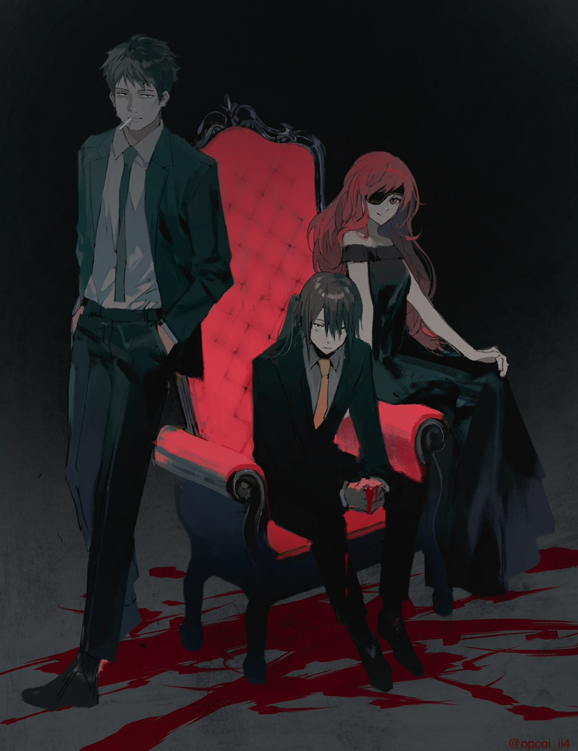 1girl, 2boys, alternate_costume, bare_shoulders, black_background, black_dress, black_jacket, black_necktie