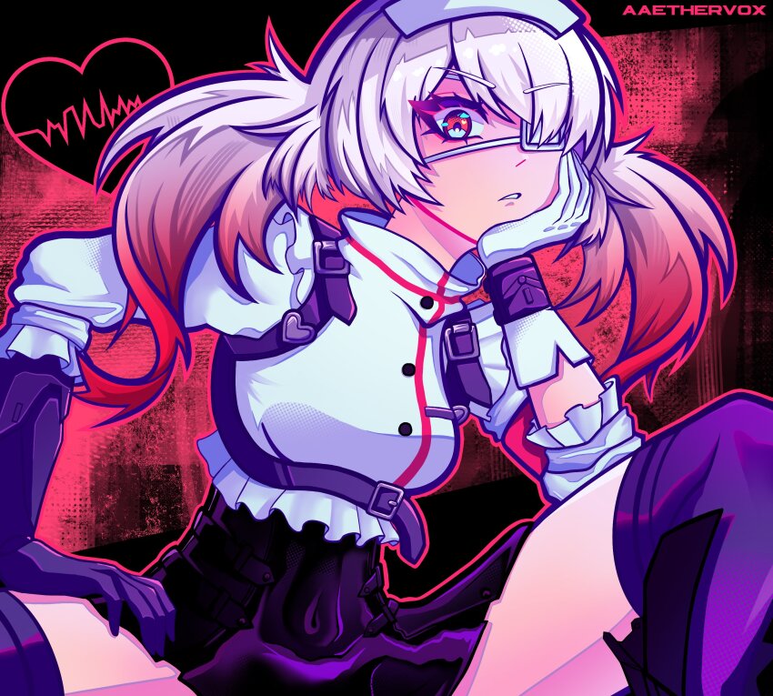 1girl, aaethervox, absurdres, artist_name, belt, black_belt, black_skirt, black_thighhighs