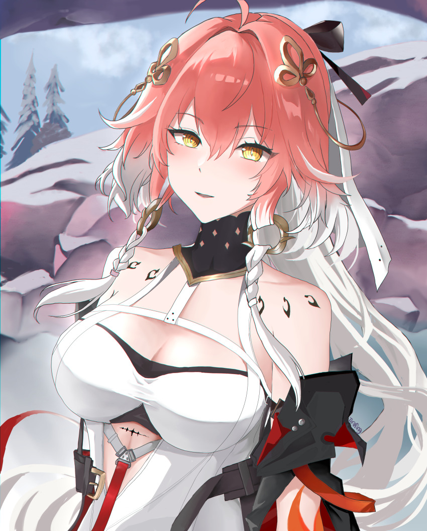 1girl, absurdres, ahoge, artist_name, bare_shoulders, black_bow, black_collar, black_jacket