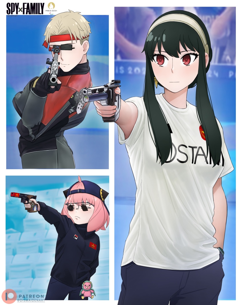 1boy, 1girl, 2024_summer_olympics, absurdres, aiming, aiming_at_viewer, anya_(spy_x_family), black_hair, breasts, cosplay, dismaiden, gun, hairband, highres, holding, holding_gun, holding_weapon, long_hair, meme, olympic_shooting_glasses, olympics, red_eyes, sidelocks, spy_x_family, twilight_(spy_x_family), weapon, yor_briar, yusuf_dikec, yusuf_dikec_(cosplay), yusuf_dikec_(meme)