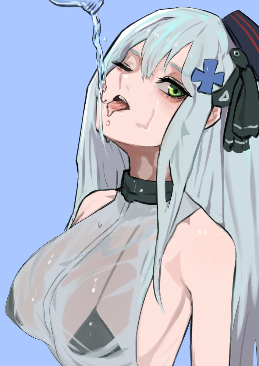 1girl, absurdres, bikini, bikini_top_only, black_bikini, blue_background, blue_hair, bottle