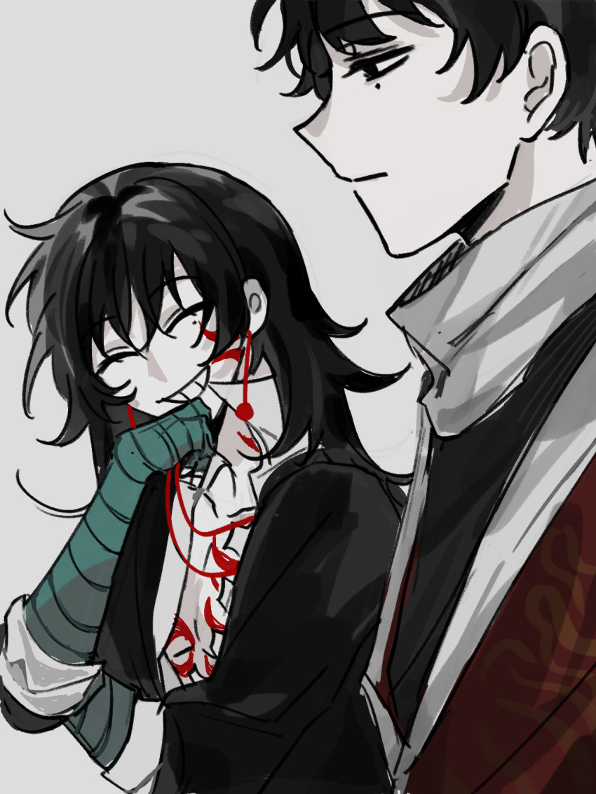 2boys, bandaged_arm, bandages, black_eyes, black_hair, black_jacket, black_shirt, cen_boyao, chest_tattoo, chinese_commentary, closed_eyes, closed_mouth, colored_skin, commentary_request, earrings, facial_tattoo, grey_background, grin, highres, jacket, jewelry, long_hair, male_focus, mole, mole_under_eye, multiple_boys, neck_tattoo, open_clothes, open_jacket, open_shirt, qijilan, red_jacket, scarf, shirt, short_hair, simple_background, sleeves_rolled_up, smile, tattoo, touqi_guaitan, white_scarf, white_shirt, white_skin, zhao_yuwen