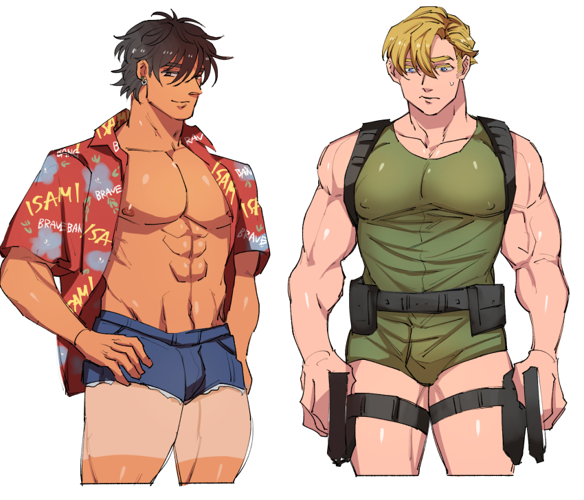 2boys, abs, alternate_costume, ao_isami, bara, bare_pectorals, black_hair, blonde_hair, couple, covered_erect_nipples, denim, denim_shorts, facial_hair, highres, large_pectorals, lewis_smith, looking_at_viewer, male_focus, multiple_boys, muscular, muscular_male, navel, nipples, pectorals, shorts, sideburns_stubble, standing, stubble, syusyusyu1515, tan, thick_eyebrows, tight_clothes, yaoi, yuuki_bakuhatsu_bang_bravern