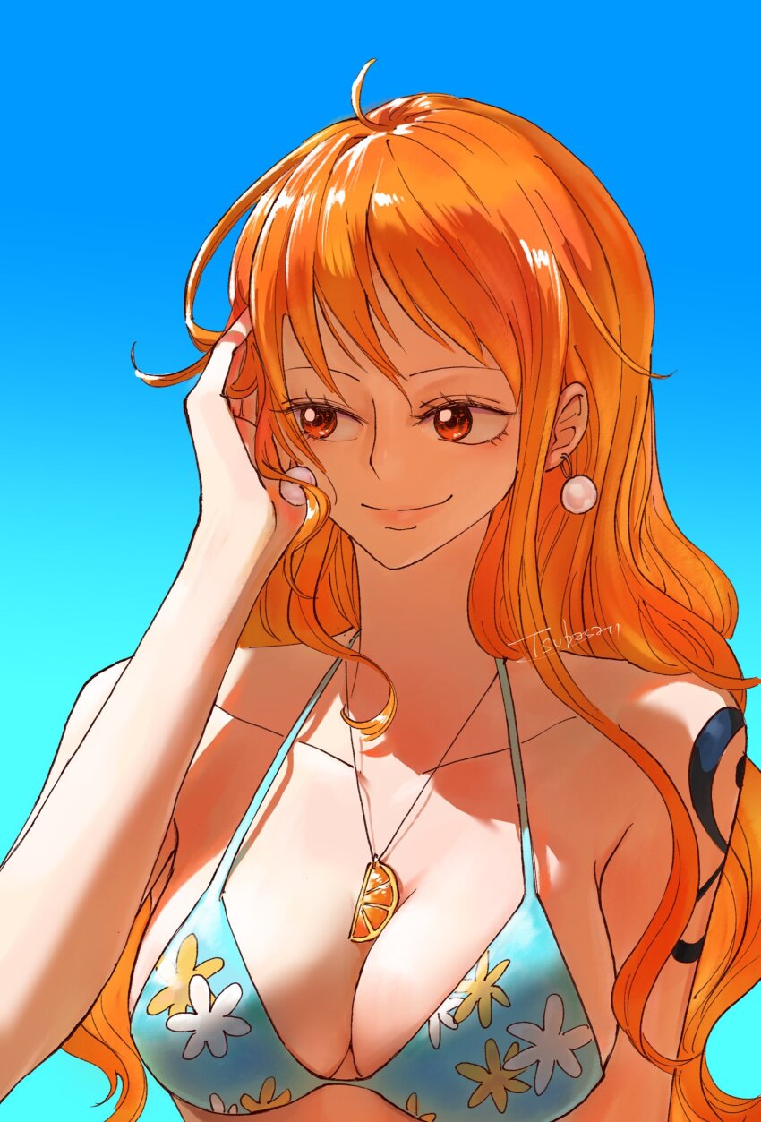 1girl, artist_name, bare_arms, bare_shoulders, bikini, blue_background, blue_bikini, blue_sky