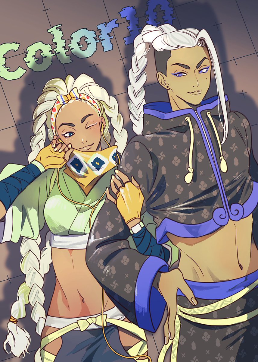 1boy, 1girl, abs, alternate_color, arm_up, arm_wrap, belt, belt_bow