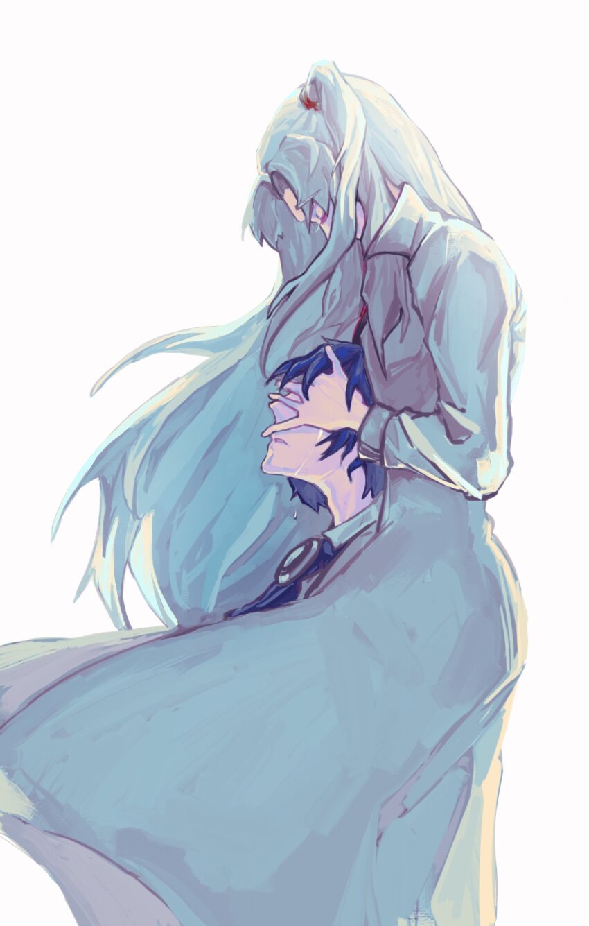 1boy, 1girl, angela_(project_moon), blue_hair, chesed_(project_moon), coat, collared_shirt, covering_another's_eyes, cowboy_shot, fukurouinwhite, highres, lobotomy_corporation, long_hair, long_sleeves, one_side_up, parted_bangs, parted_lips, project_moon, shirt, sidelocks, simple_background, very_long_hair, white_background, white_coat