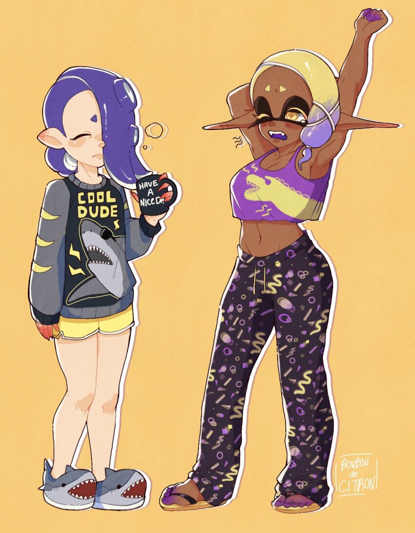 2girls, animal_slippers, armpits, artist_name, blonde_hair, blue_hair, bonbondecitron, breasts