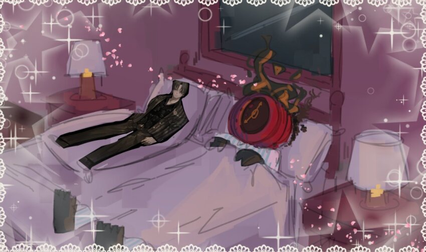 1other, bed, black_gloves, blanket, burning, clock, dakimakura_(object), dante_(limbus_company)