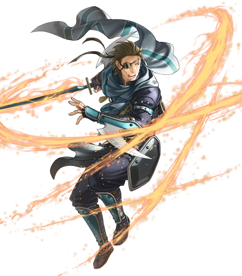 1boy, armor, brown_hair, eyepatch, fire, fire_emblem, fire_emblem:_radiant_dawn, fire_emblem_heroes
