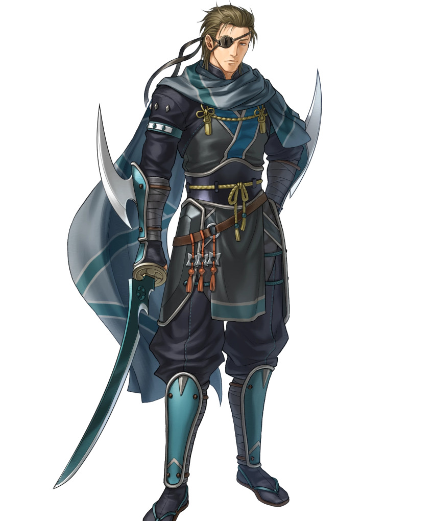 1boy, armor, brown_hair, eyepatch, fire_emblem, fire_emblem:_radiant_dawn, fire_emblem_heroes, full_body, haar_(fire_emblem), haar_(ninja)_(fire_emblem), hair_slicked_back, highres, holding, holding_sword, holding_weapon, japanese_armor, japanese_clothes, kita_senri, looking_at_viewer, male_focus, mature_male, ninja, nintendo, non-web_source, official_art, solo, sword, transparent_background, waraji, weapon