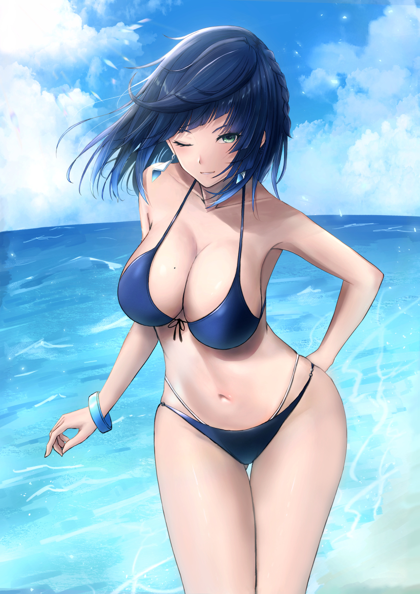 1girl, absurdres, arm_behind_back, artistic_error, asao_(asaomm12345), bikini, black_bikini, black_hair