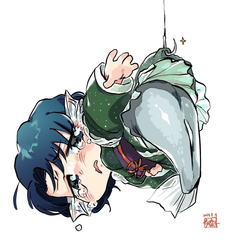 1girl, blue_eyes, blue_hair, blush, chibi, chibi_only, commentary, crying