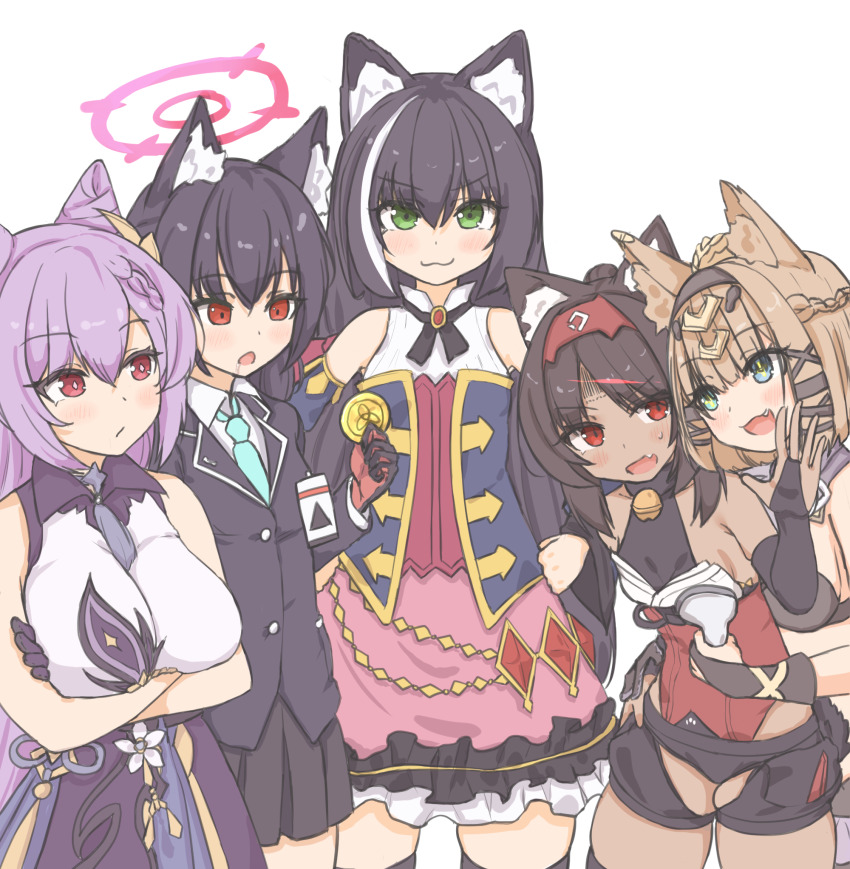 5girls, :3, :d, animal_ear_fluff, animal_ears, barcode, bare_shoulders, bell