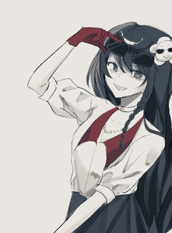 1girl, adjusting_eyewear, alternate_eye_color, alternate_hair_color, black_eyes, black_hair, black_skirt, chinese_commentary