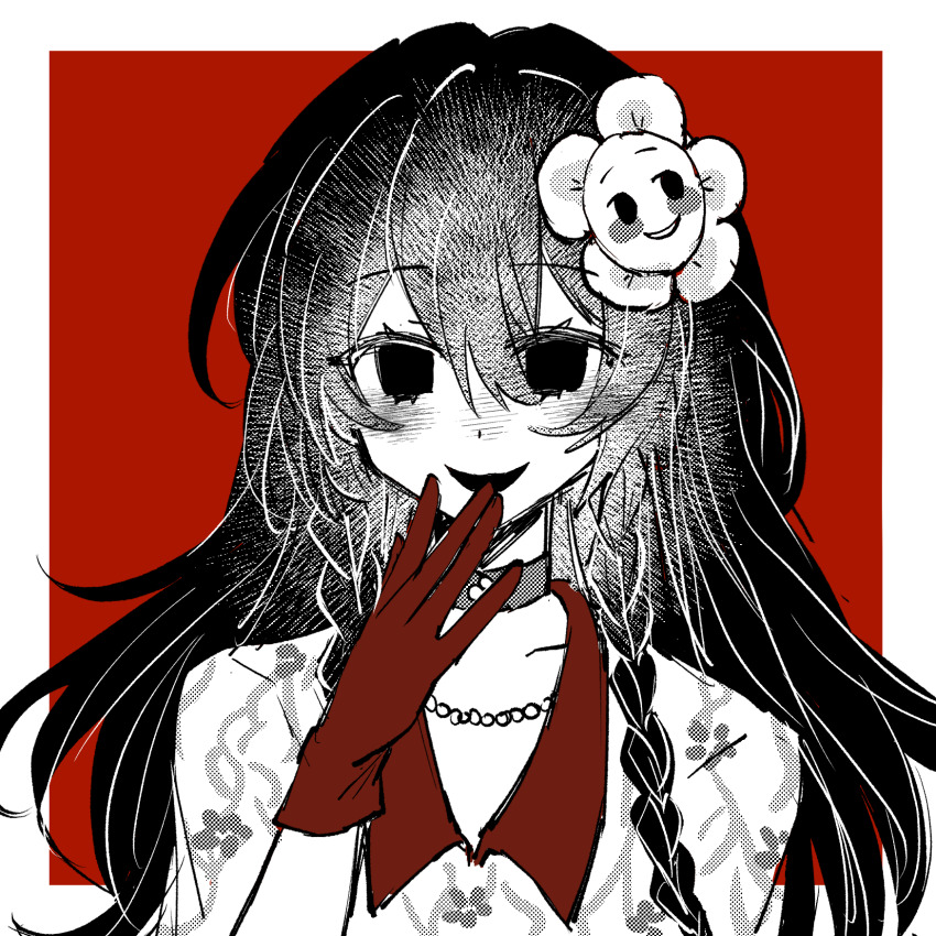 1girl, border, braid, choker, collared_shirt, flower, gloves, greyscale_with_colored_background