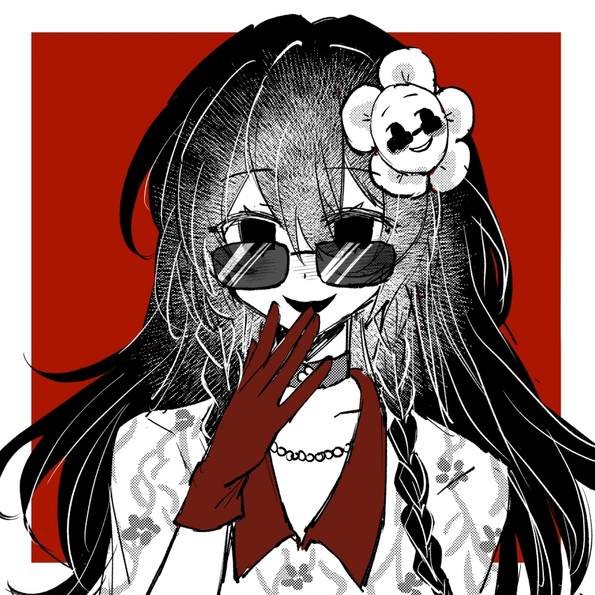 1girl, border, braid, choker, collared_shirt, flower, gloves, greyscale_with_colored_background, hair_between_eyes, hair_flower, hair_ornament, hand_to_own_mouth, highres, hua_jin, jewelry, long_hair, looking_at_viewer, necklace, open_mouth, outside_border, portrait, red_background, red_gloves, shengchun_lunhui, shirt, smile, solo, spot_color, sunglasses, touqi_guaitan, twin_braids, white_border