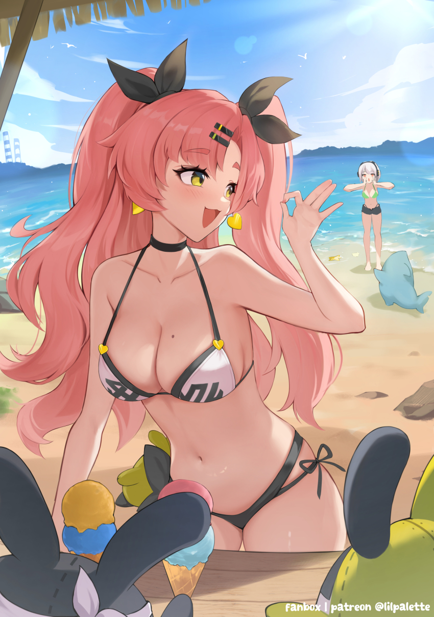 2girls, :d, amillion_(zenless_zone_zero), anby_demara, bangboo_(zenless_zone_zero), beach, bikini, black_bikini