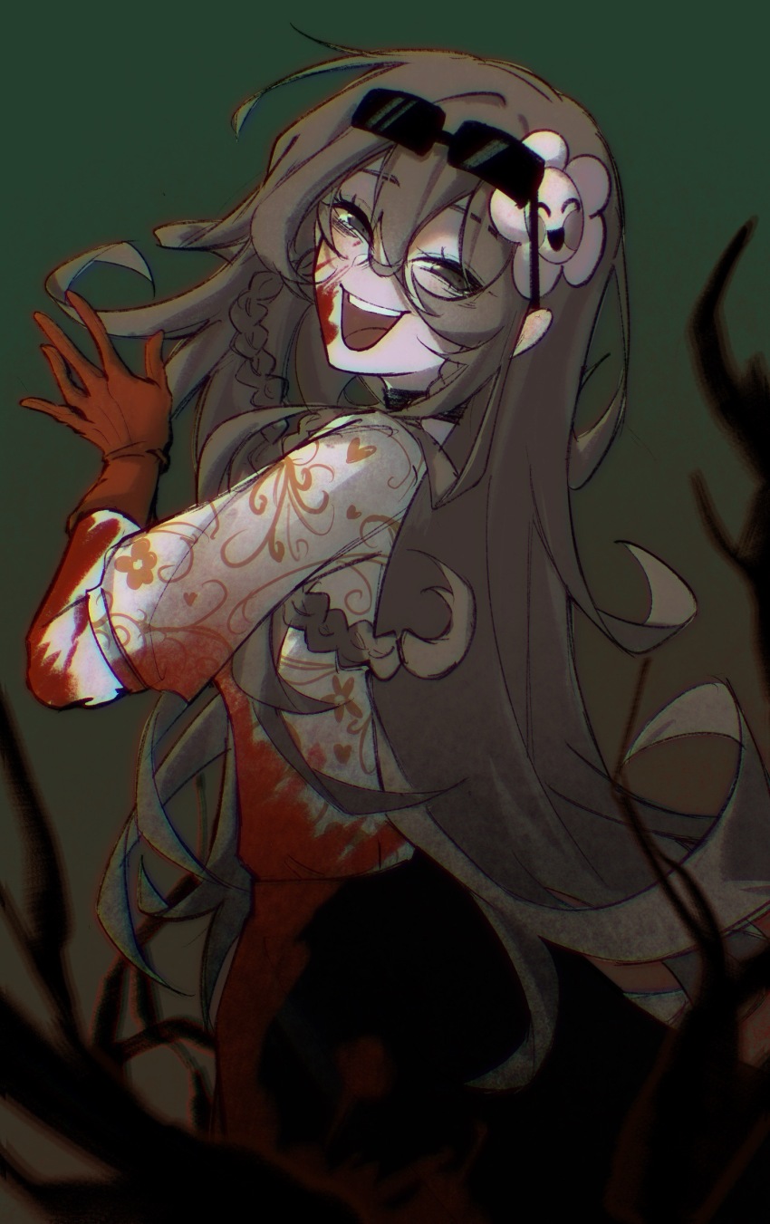 1girl, :d, black_skirt, blood, blood_on_arm, blood_on_clothes, blood_on_face, braid