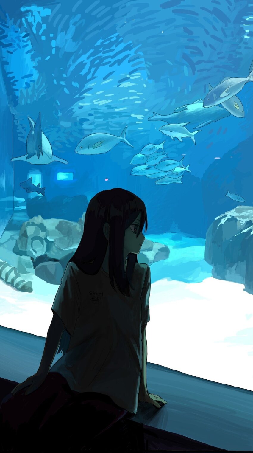 1girl, aquarium, black_hair, fish, highres, long_hair, looking_to_the_side, obon_(ensoku_300en)