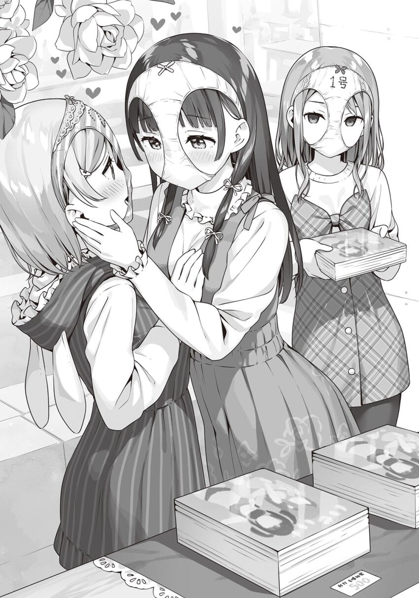 3girls, bikini, book, bow, bow_panties, convention, couple, dress, dress_bow, eye_contact, female_pervert, flower, greyscale, head_grab, heart, highres, imouto_sae_ireba_ii, kantoku, kumano_manaka, long_hair, looking_at_another, manga_(object), medium_hair, mikuniyama_kaiko, monochrome, multiple_girls, novel_illustration, object_on_head, official_art, panties, panties_on_head, panty_mask, pantyhose, pervert, price_tag, rose, shirakawa_miyako, striped_clothes, striped_dress, swimsuit, underwear, yuri