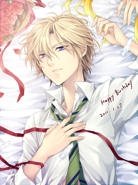 1990s_(style), 1girl, androgynous, bad_id, bad_pixiv_id, bishoujo_senshi_sailor_moon, bishoujo_senshi_sailor_moon_s, blonde_hair, blue_eyes, bouquet, feathers, female_focus, flower, happy_birthday, mugen_gakuen_school_uniform, nagimeno, red_flower, red_rose, retro_artstyle, reverse_trap, rose, school_uniform, short_hair, solo, ten'ou_haruka