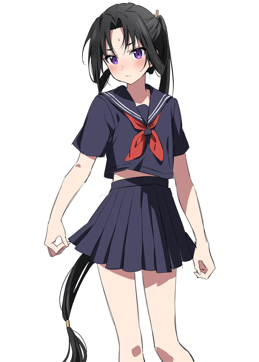 1boy, alternate_costume, androgynous, black_hair, black_sailor_collar, black_serafuku, black_skirt, blush