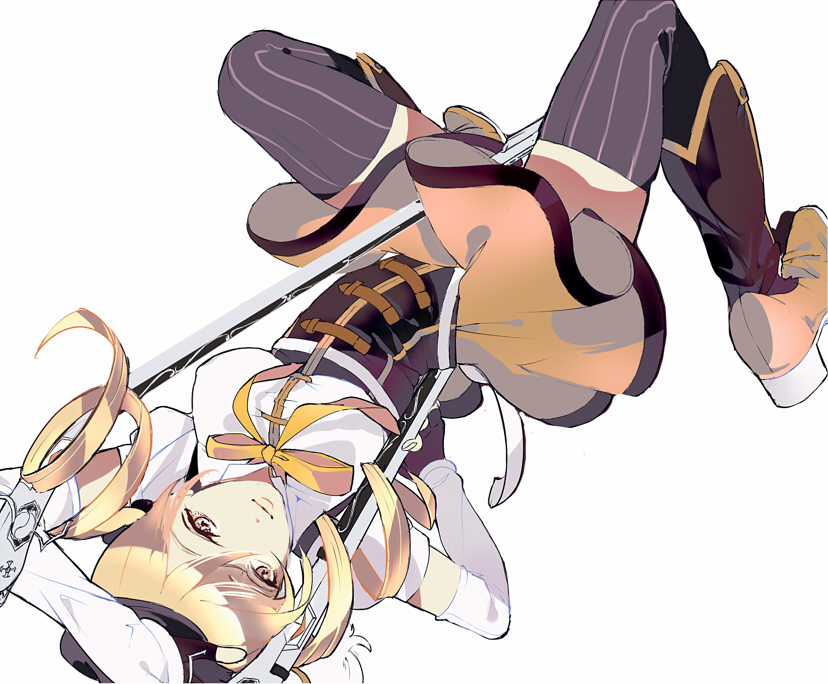 10s, 1girl, bad_id, bad_pixiv_id, beret, blonde_hair, boots, brown_thighhighs