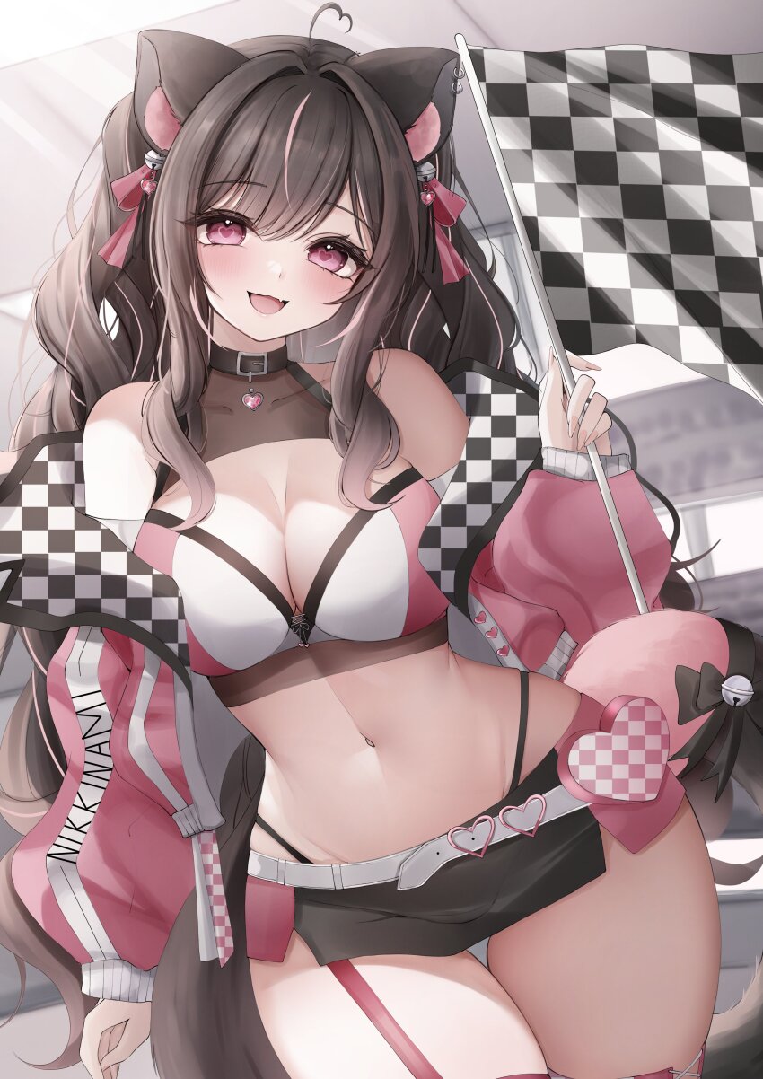 1girl, absurdres, ahoge, animal_ear_fluff, animal_ears, bell, belt, black_hair