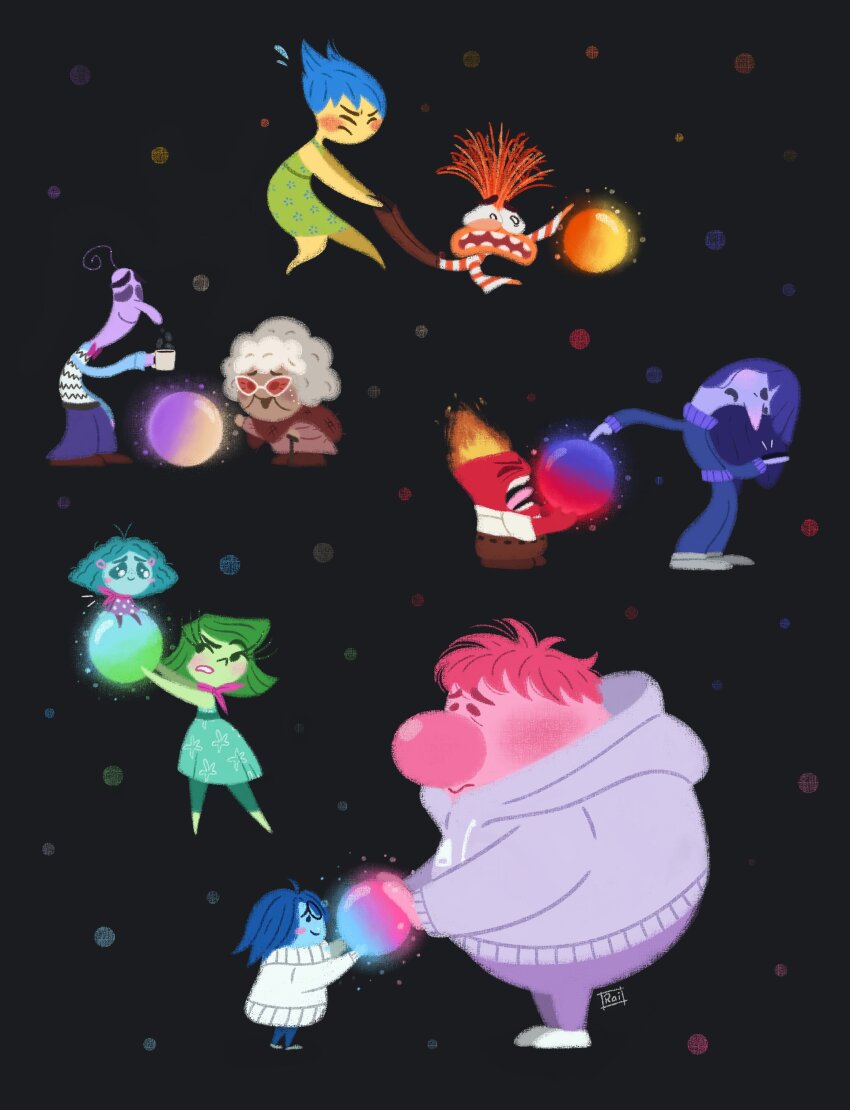 absurdres, anger_(inside_out), anxiety_(inside_out_2), artist_name, black_background, blue_hair, blue_skin, coffee