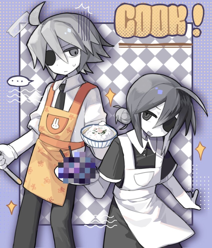 ..., 1boy, 1girl, ahoge, alela_grora_(funamusea), apron, argyle_background, black_dress, black_eyes, black_hair, black_necktie, black_pants, border, bowl, censored, censored_food, closed_mouth, collared_shirt, colored_skin, dress, english_text, expressionless, eyepatch, floral_print_apron, food_request, funamusea, grey_eyes, grey_hair, haiiro_teien, highres, holding, holding_bowl, holding_utensil, huge_ahoge, hydrangeas_yuci, jitome, looking_at_another, mosaic_censoring, necktie, open_mouth, orange_apron, pants, purple_border, shirt, short_hair, small_sweatdrop, sparkle, speech_bubble, white_apron, white_background, white_shirt, white_skin, wodahs_(funamusea)